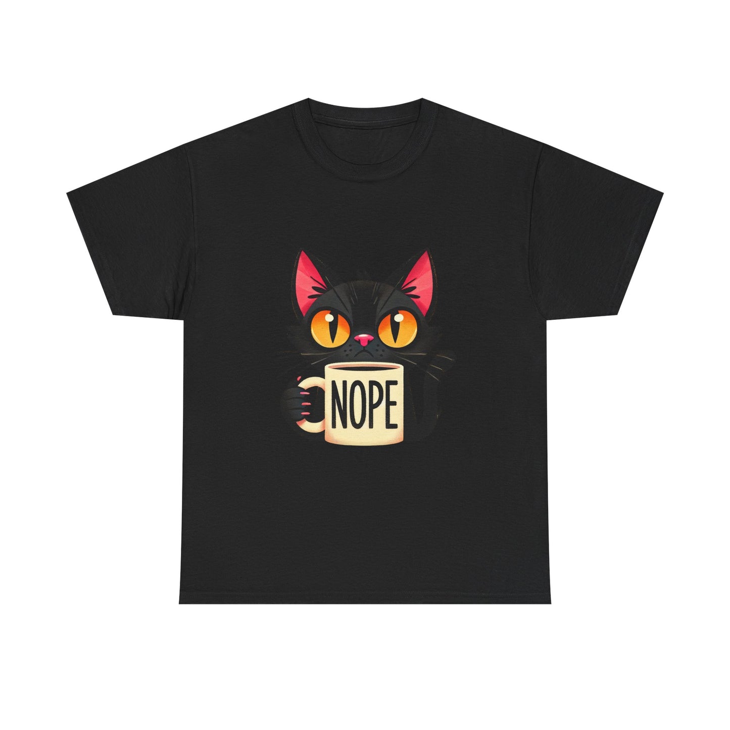 Cat 'Nope' T-Shirt — Cute Black Cat Holding 'NOPE' Mug Graphic Tee