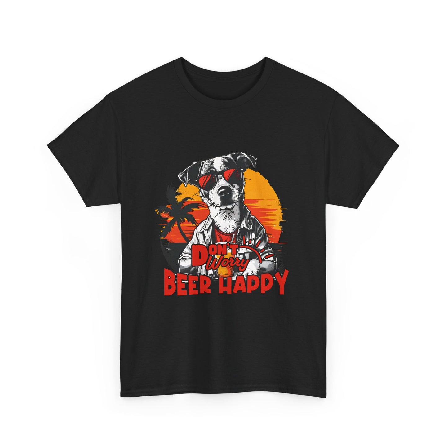 Dog With Beer T-Shirt - "Don't Worry Beer Happy" Retro Sunset Tee