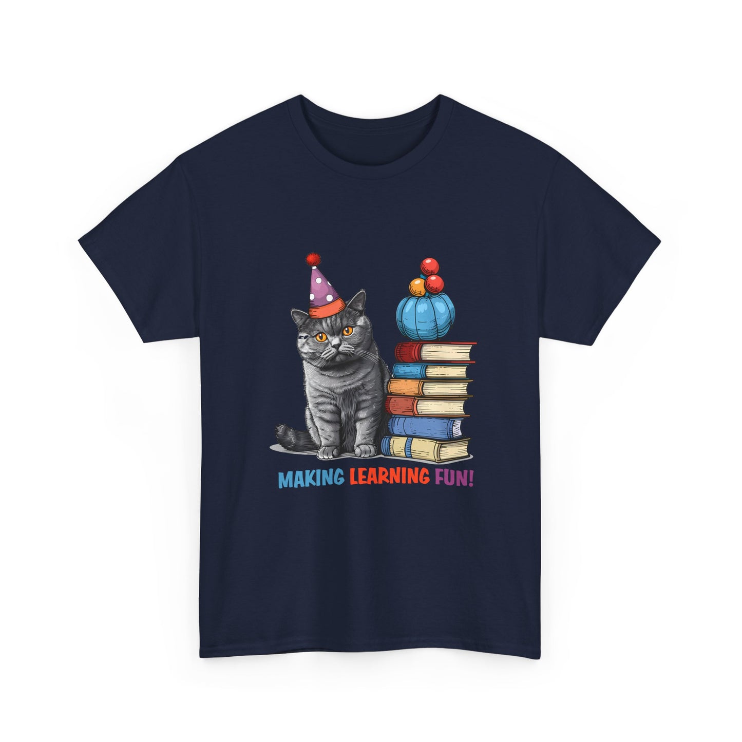 Cat Teacher T-Shirt — "Making Learning Fun!" Cute School Cat with Books Tee