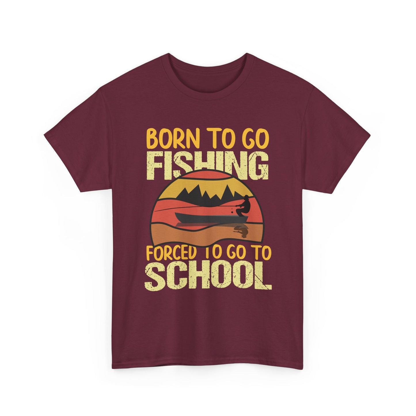 Fishing Graphic Tee - "Born to Go Fishing, Forced to Go to School" Retro Sunset T-Shirt for Kids & Teens