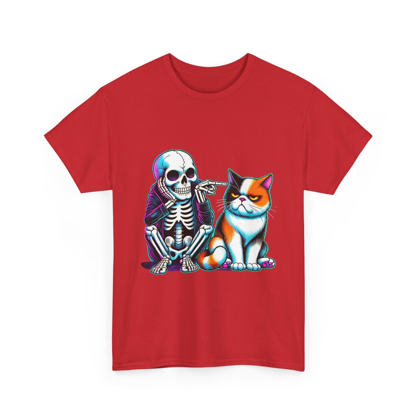 Skeleton & Cat Graphic Tee — Retro Neon Spooky Cat Shirt