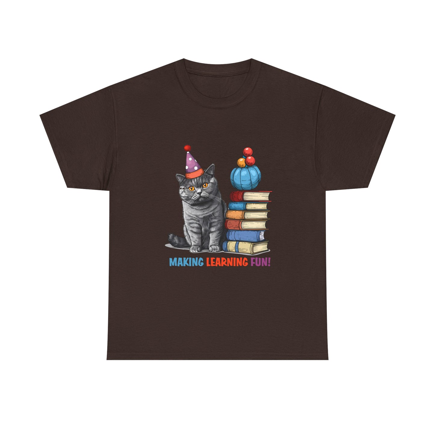 Cat Teacher T-Shirt — "Making Learning Fun!" Cute School Cat with Books Tee