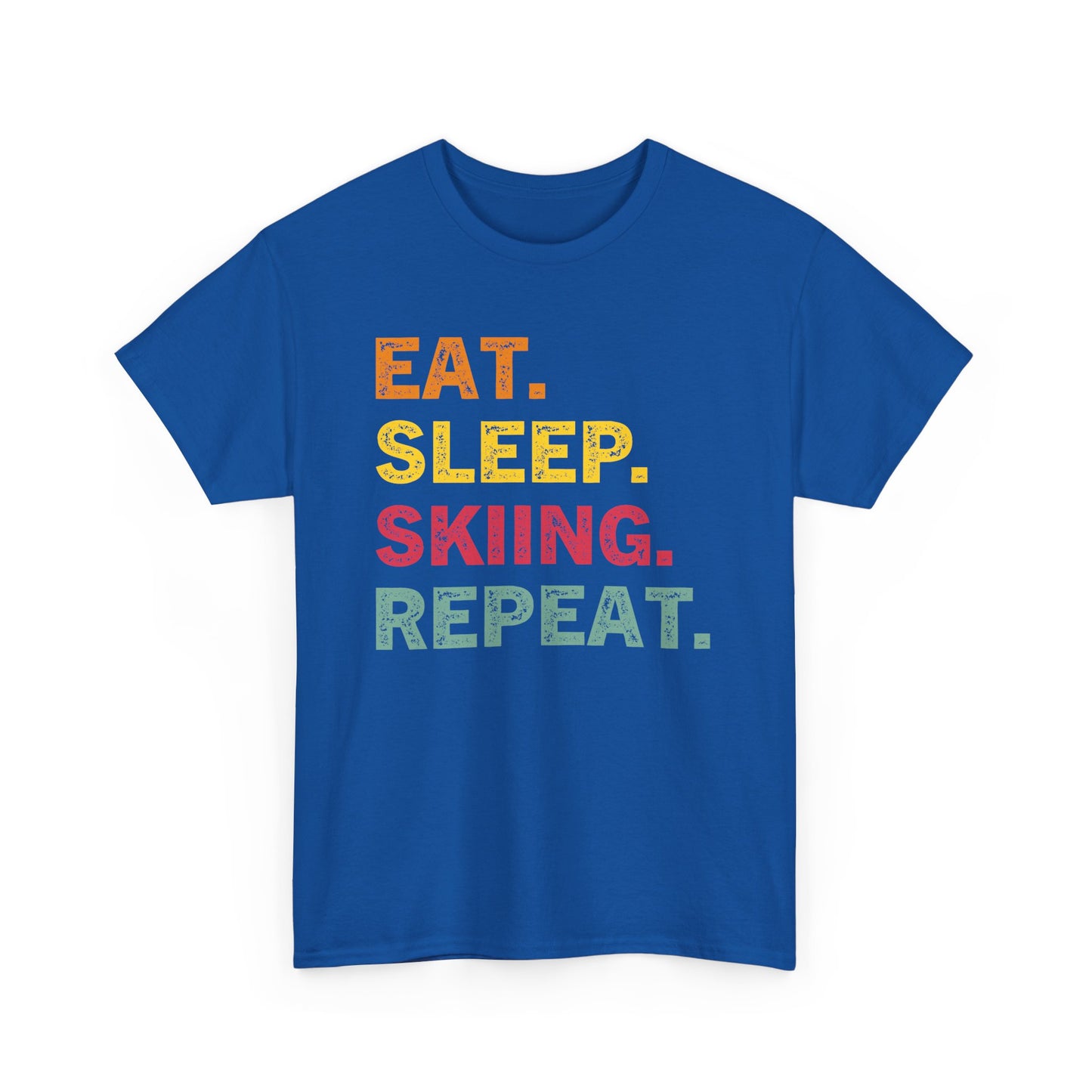 Ski T-Shirt — “Eat. Sleep. Skiing. Repeat.” Retro Colorblock Skiing Tee