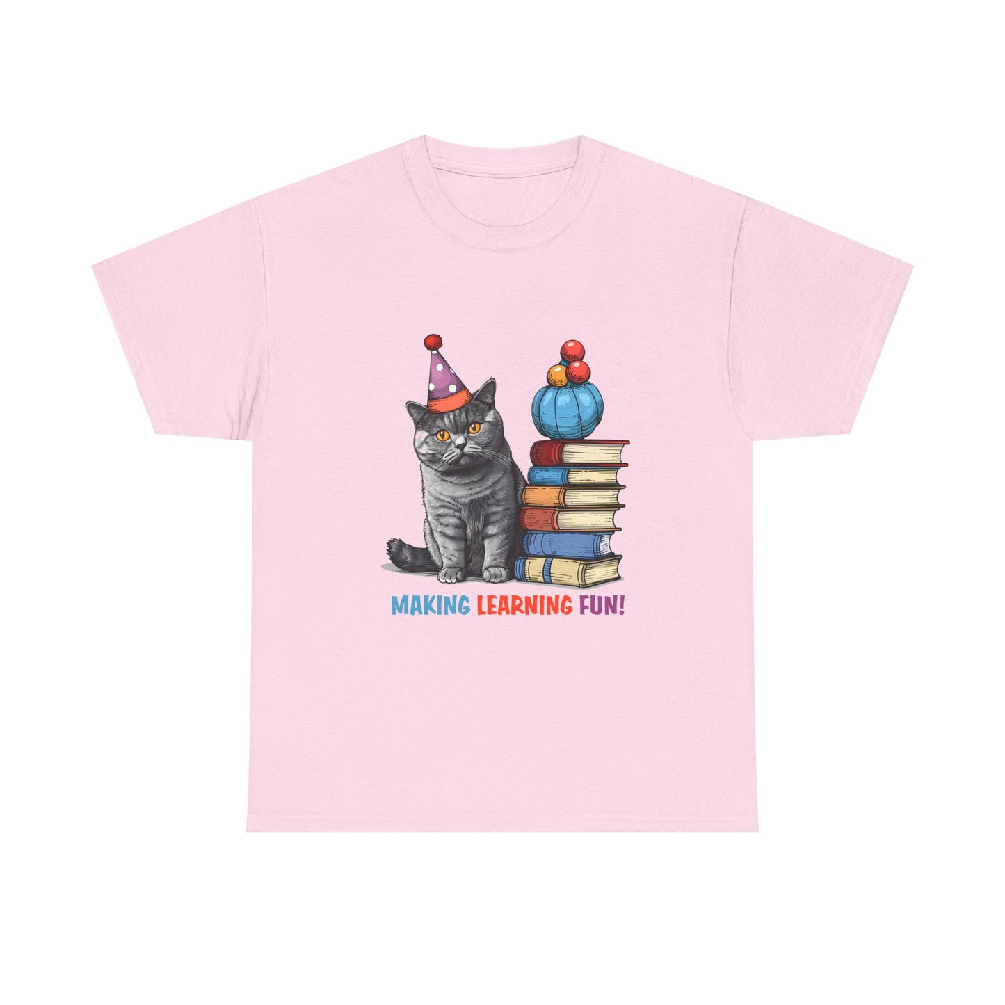 Cat Teacher T-Shirt — "Making Learning Fun!" Cute School Cat with Books Tee