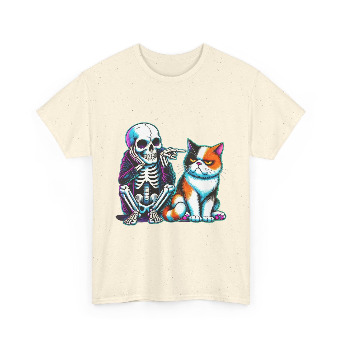 Skeleton & Cat Graphic Tee — Retro Neon Spooky Cat Shirt