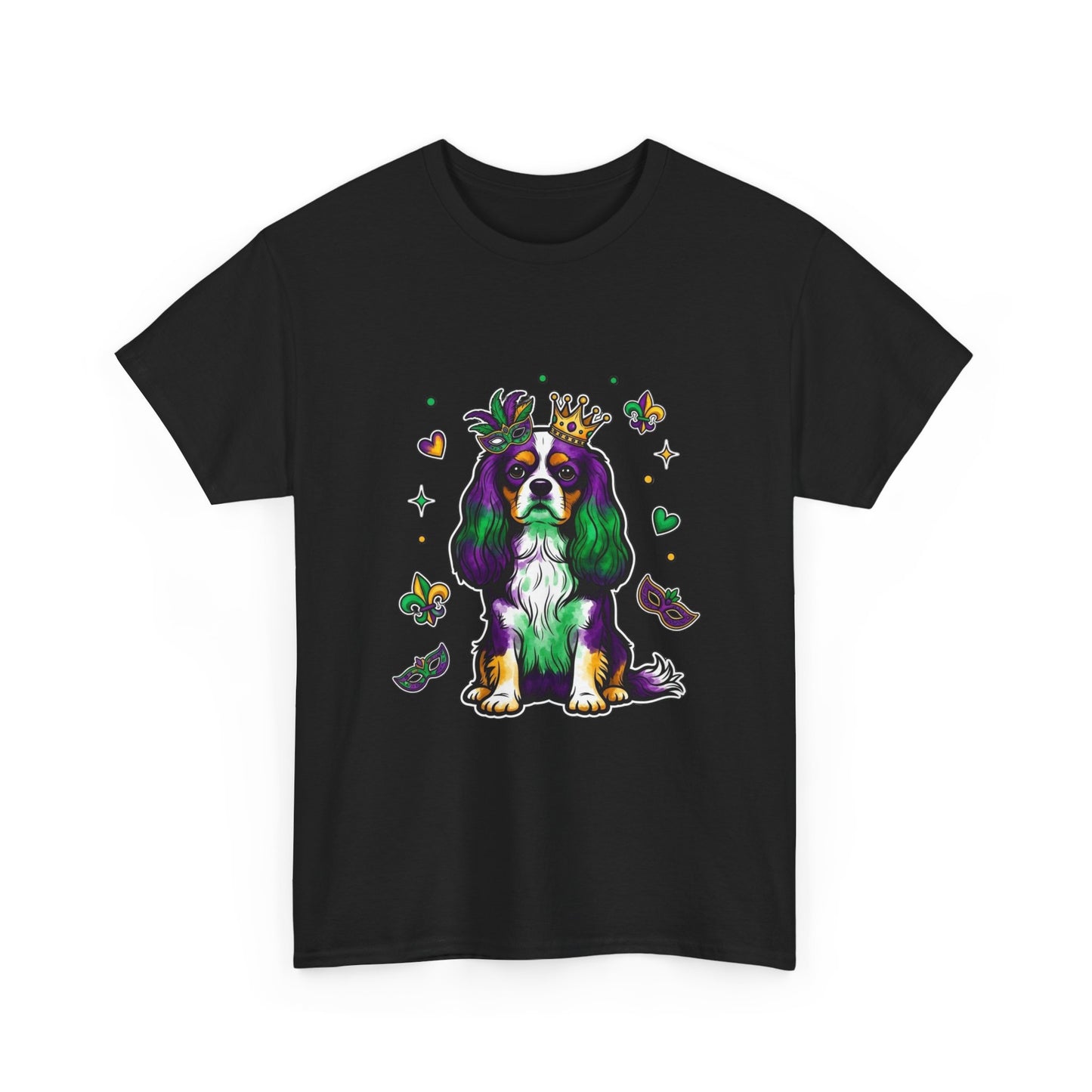 Mardi Gras Cavalier King Charles Dog T‑Shirt — King & Mask Festival Tee