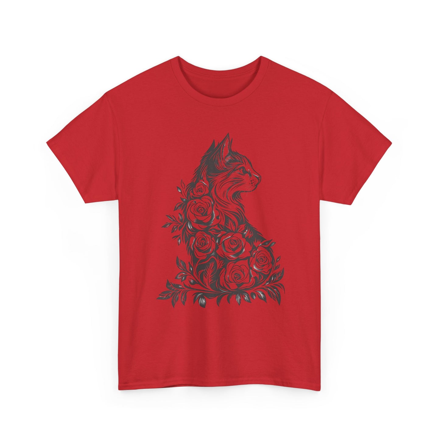 Floral Cat Tee — Vintage Black & White Cat with Roses T-Shirt