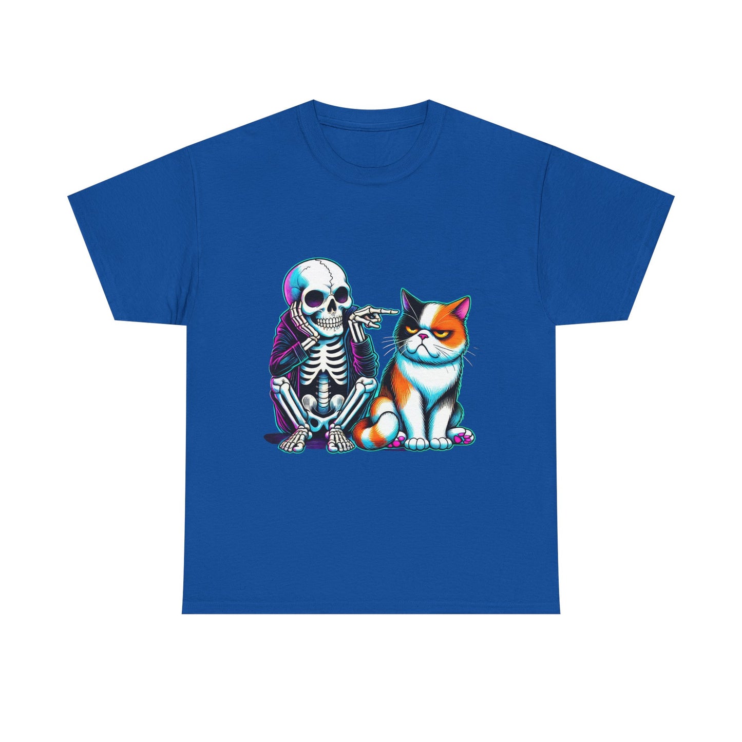 Skeleton & Cat Graphic Tee — Retro Neon Spooky Cat Shirt