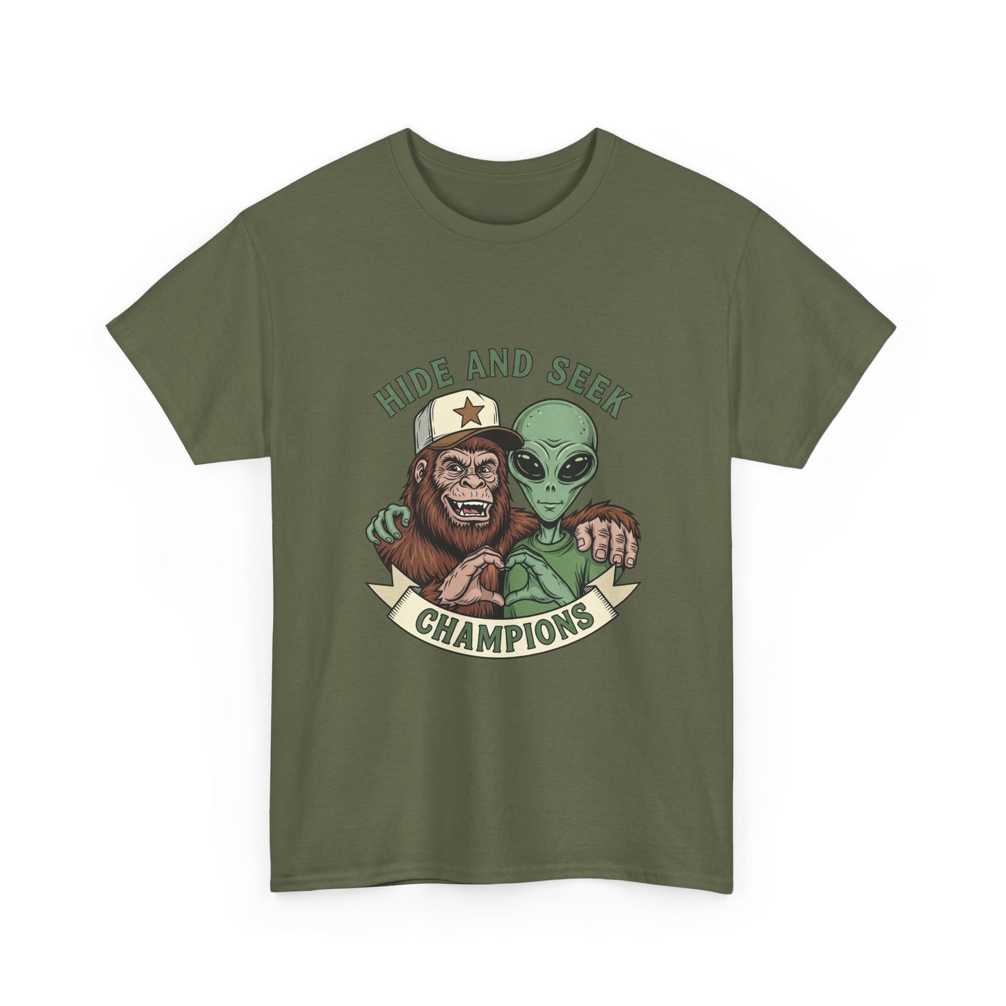 Hide and Seek Champions T-Shirt — Bigfoot & Alien Graphic Tee