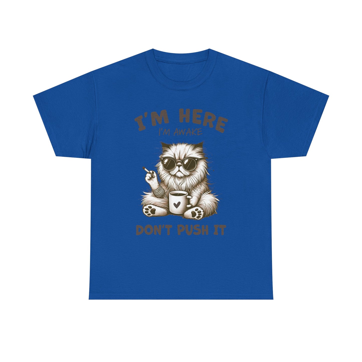I'm Here I'm Awake Don’t Push It Cat T-Shirt — Funny Coffee Cat Tee for Cat Lovers