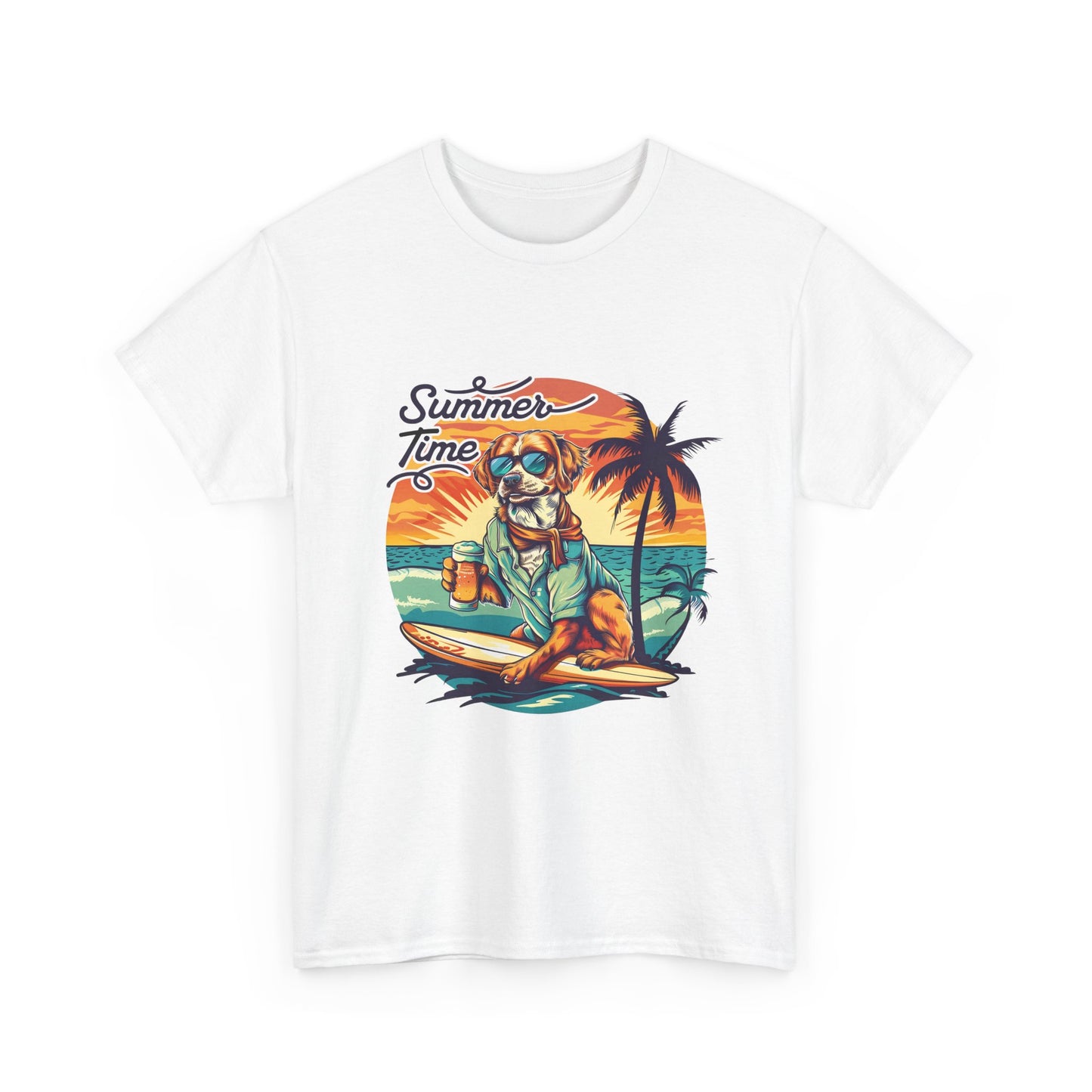 Summer Time Surfer Dog T‑Shirt — Vintage Beach Palm Surfing Dog Tee