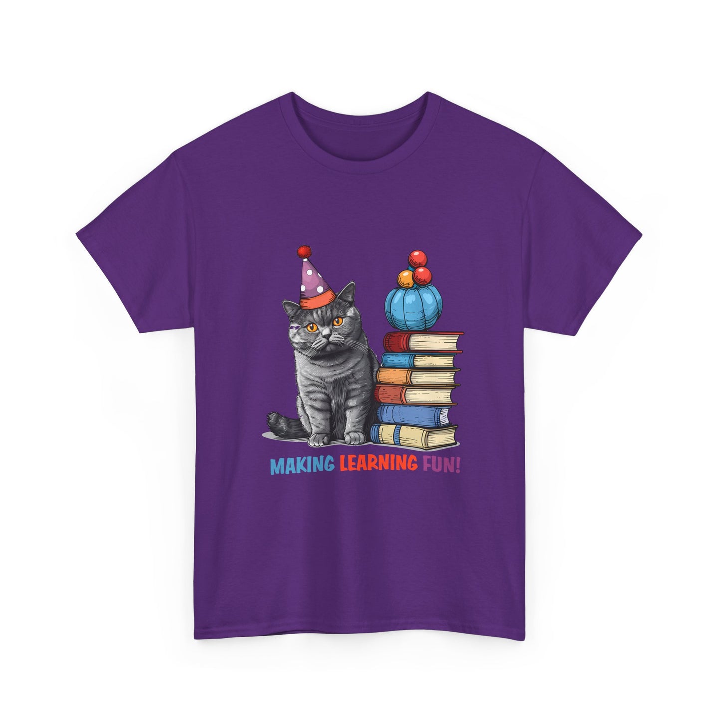 Cat Teacher T-Shirt — "Making Learning Fun!" Cute School Cat with Books Tee
