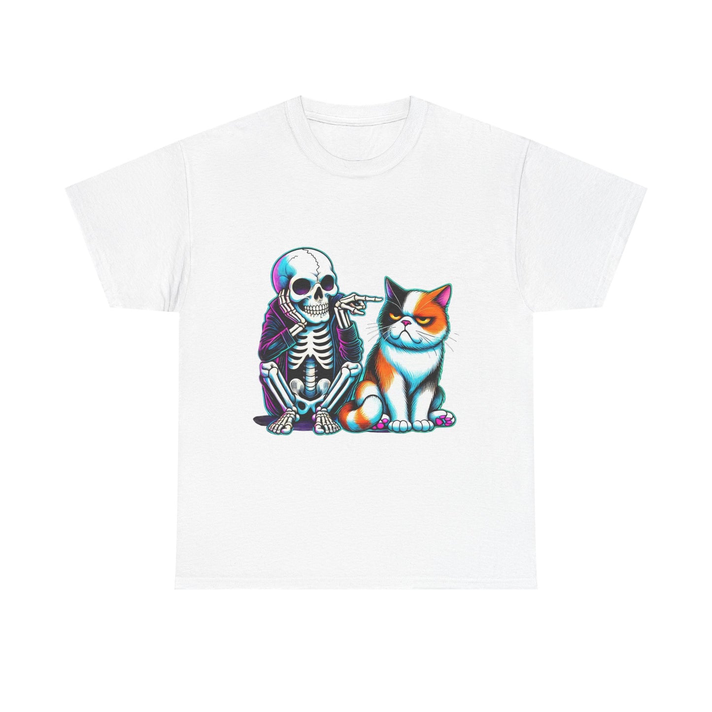 Skeleton & Cat Graphic Tee — Retro Neon Spooky Cat Shirt