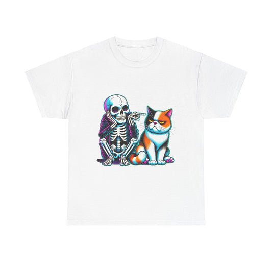 Skeleton & Cat Graphic Tee — Retro Neon Spooky Cat Shirt