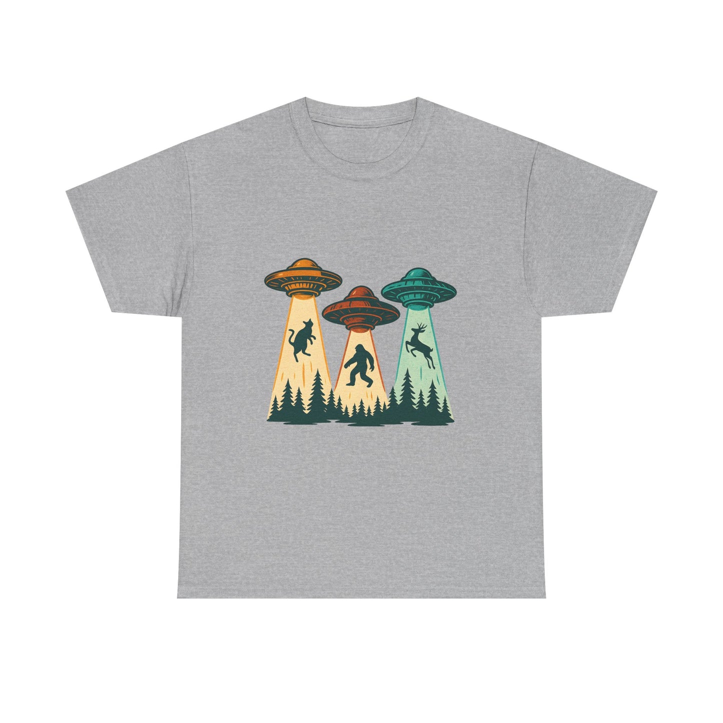Alien Abduction UFO Tee — Retro Forest Beams T‑Shirt