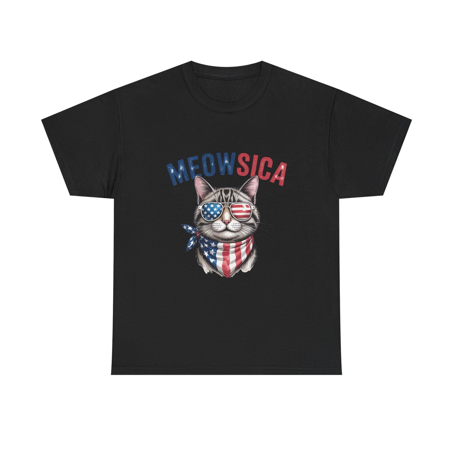 Meowsica Cat T‑Shirt — Patriotic American Flag Kitty Tee