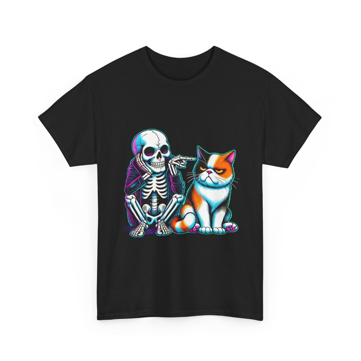 Skeleton & Cat Graphic Tee — Retro Neon Spooky Cat Shirt