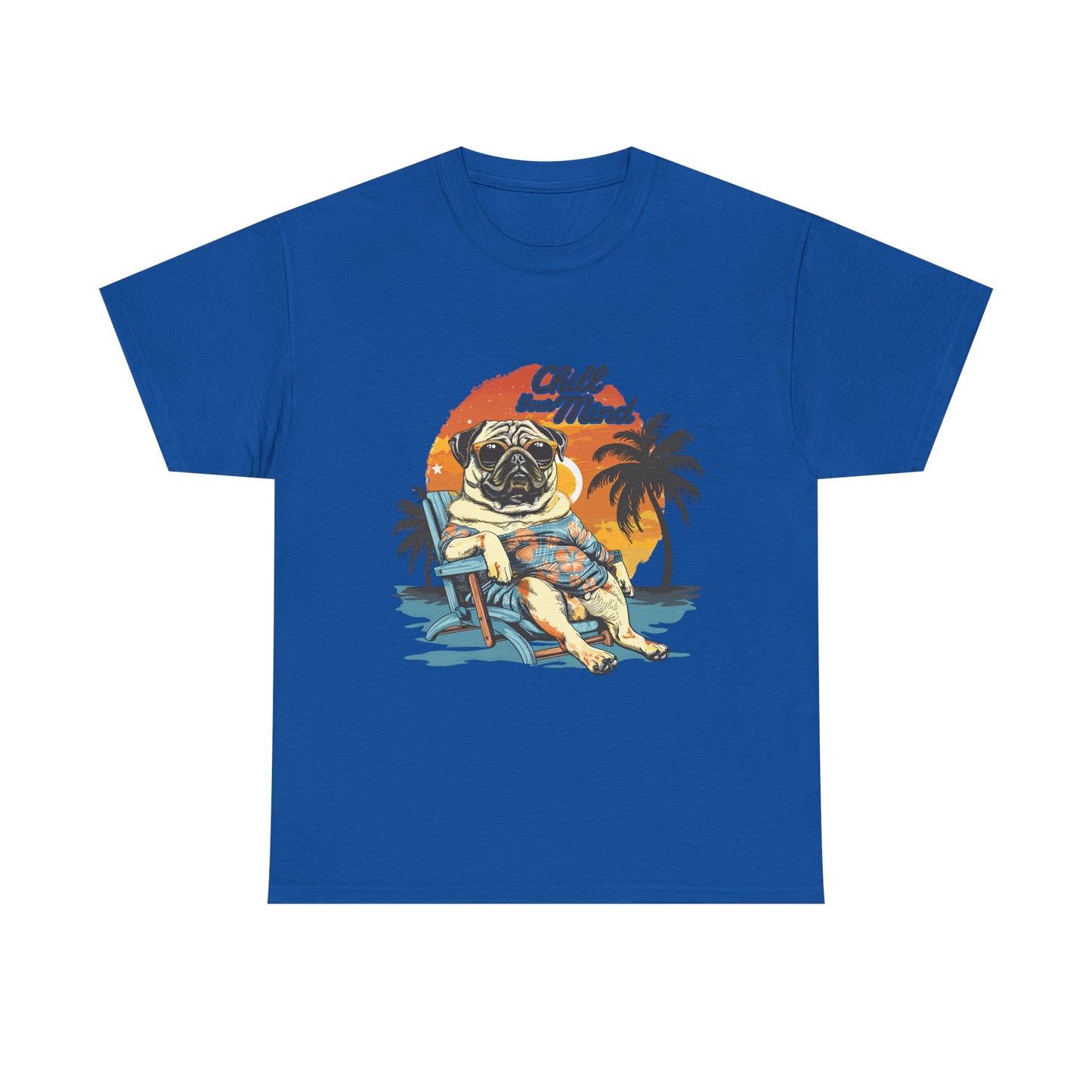 Chill Mind Pug Beach Tee — Retro Palm Sunset Vacation T‑Shirt