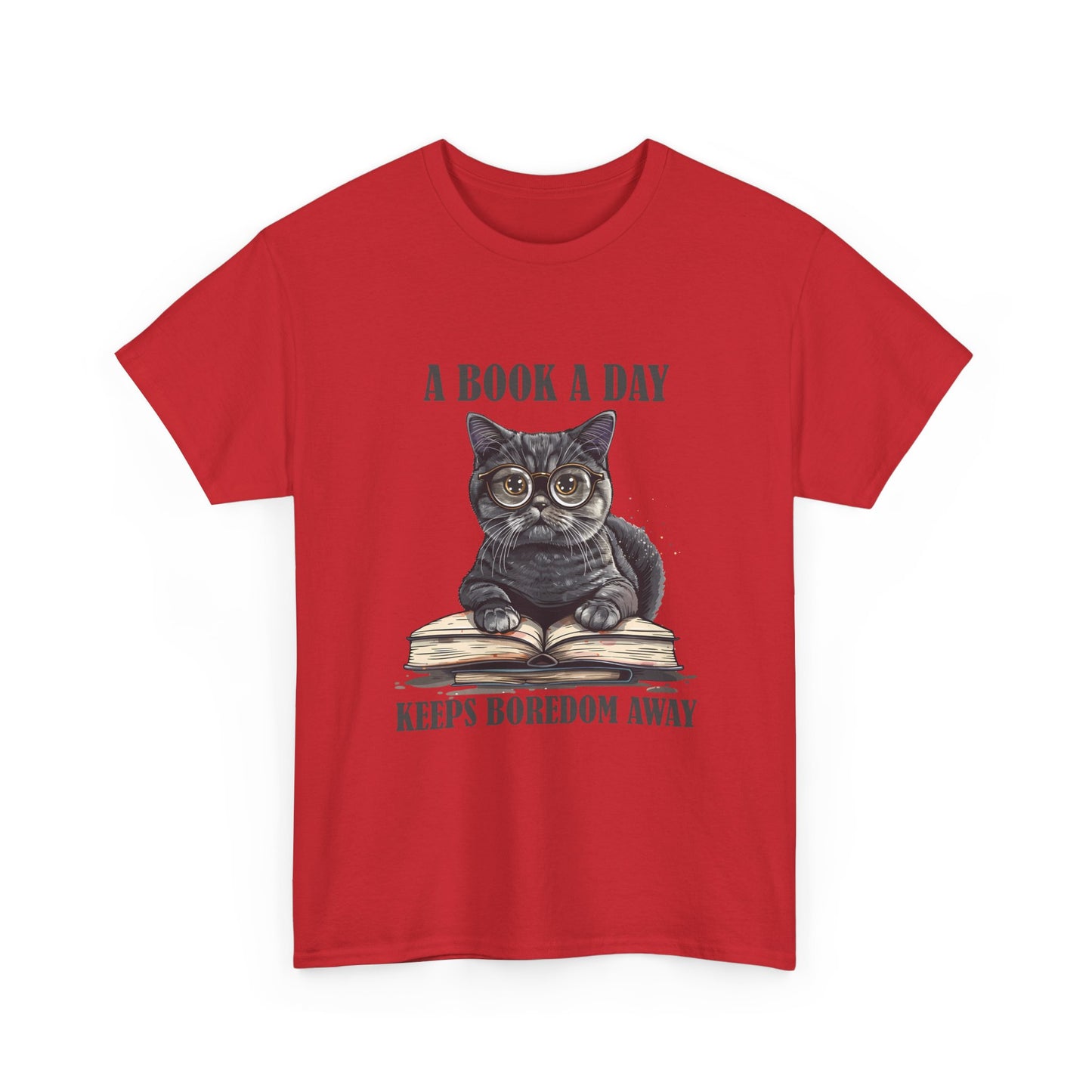 T-Shirt — "A Book a Day Keeps Boredom Away" Cat Reading Graphic Tee