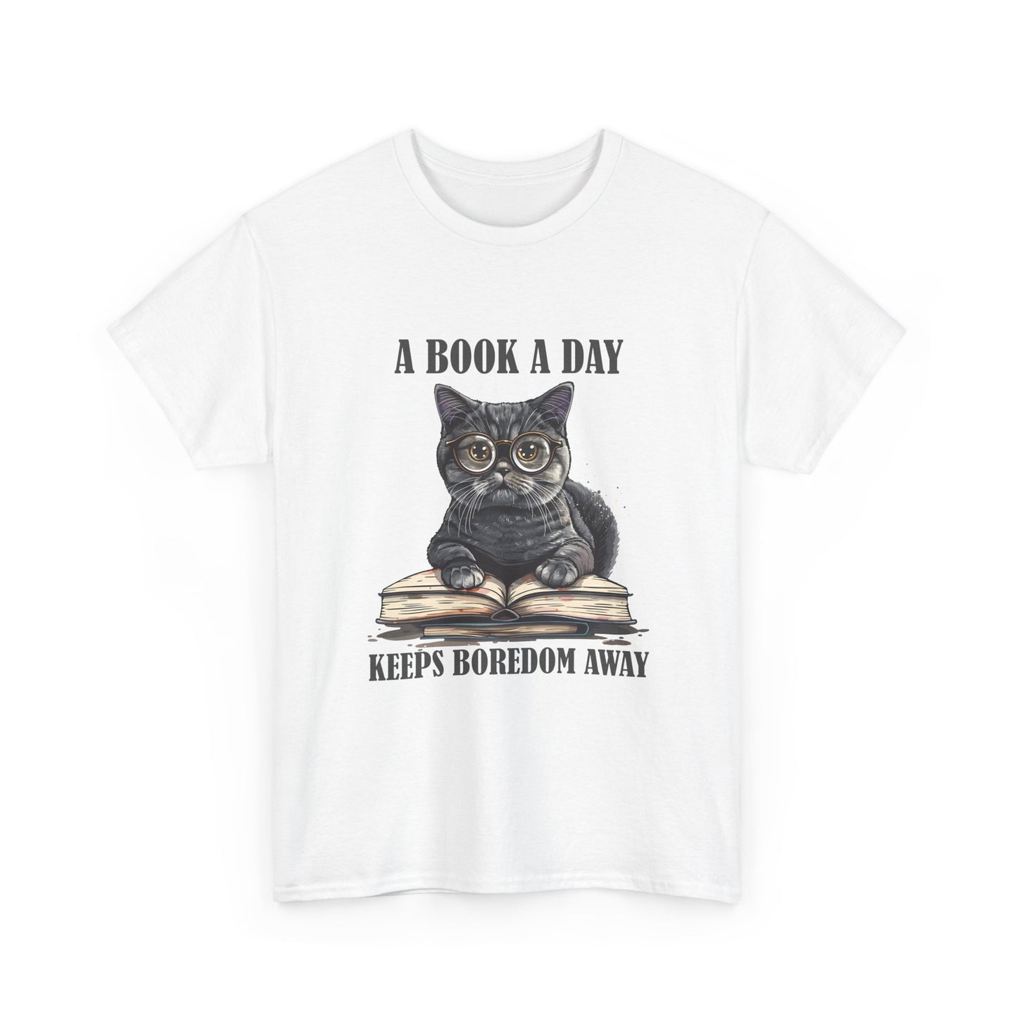 T-Shirt — "A Book a Day Keeps Boredom Away" Cat Reading Graphic Tee