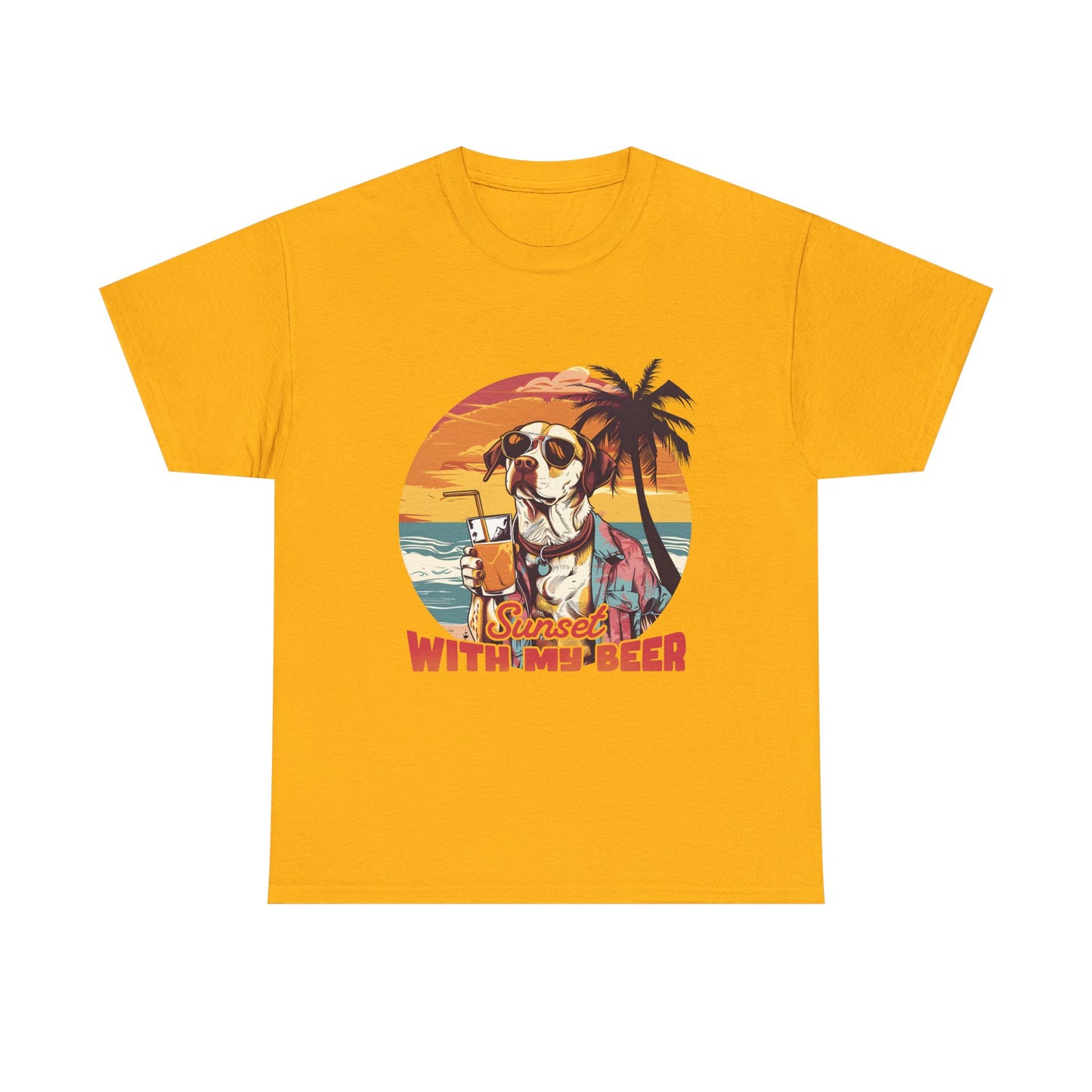 T-Shirt — Sunset With My Beer Dog Graphic Tee — Retro Tropical Beach Vibes