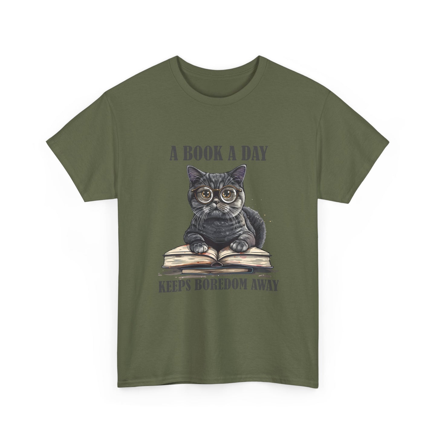 T-Shirt — "A Book a Day Keeps Boredom Away" Cat Reading Graphic Tee