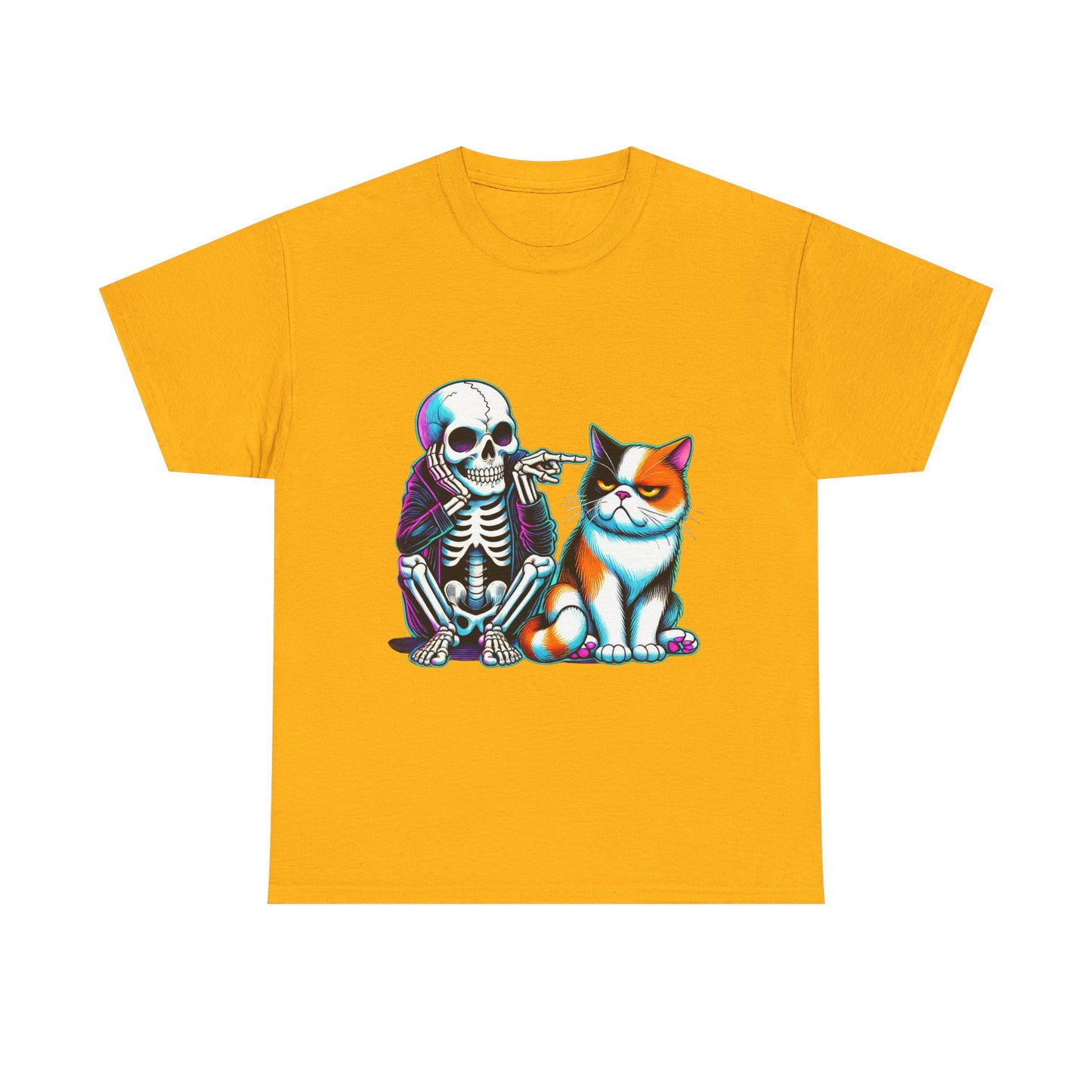 Skeleton & Cat Graphic Tee — Retro Neon Spooky Cat Shirt