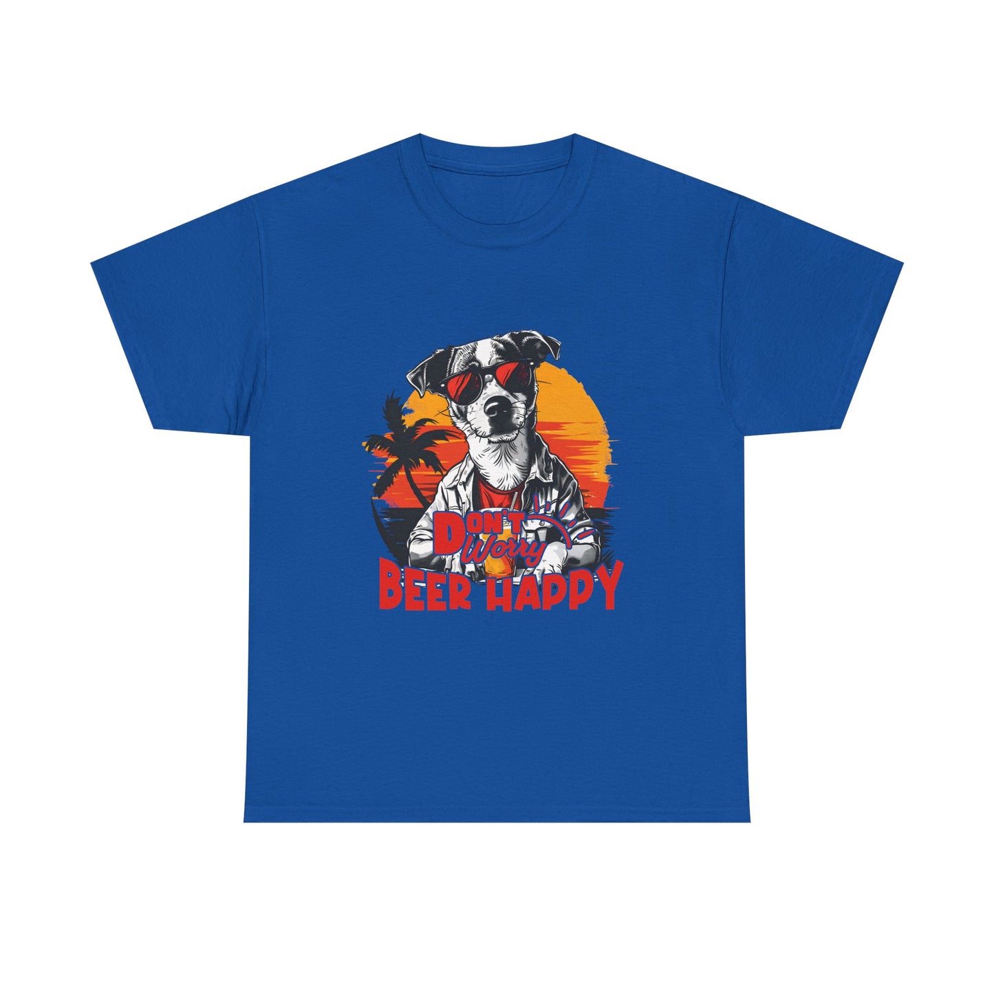 Dog With Beer T-Shirt - "Don't Worry Beer Happy" Retro Sunset Tee