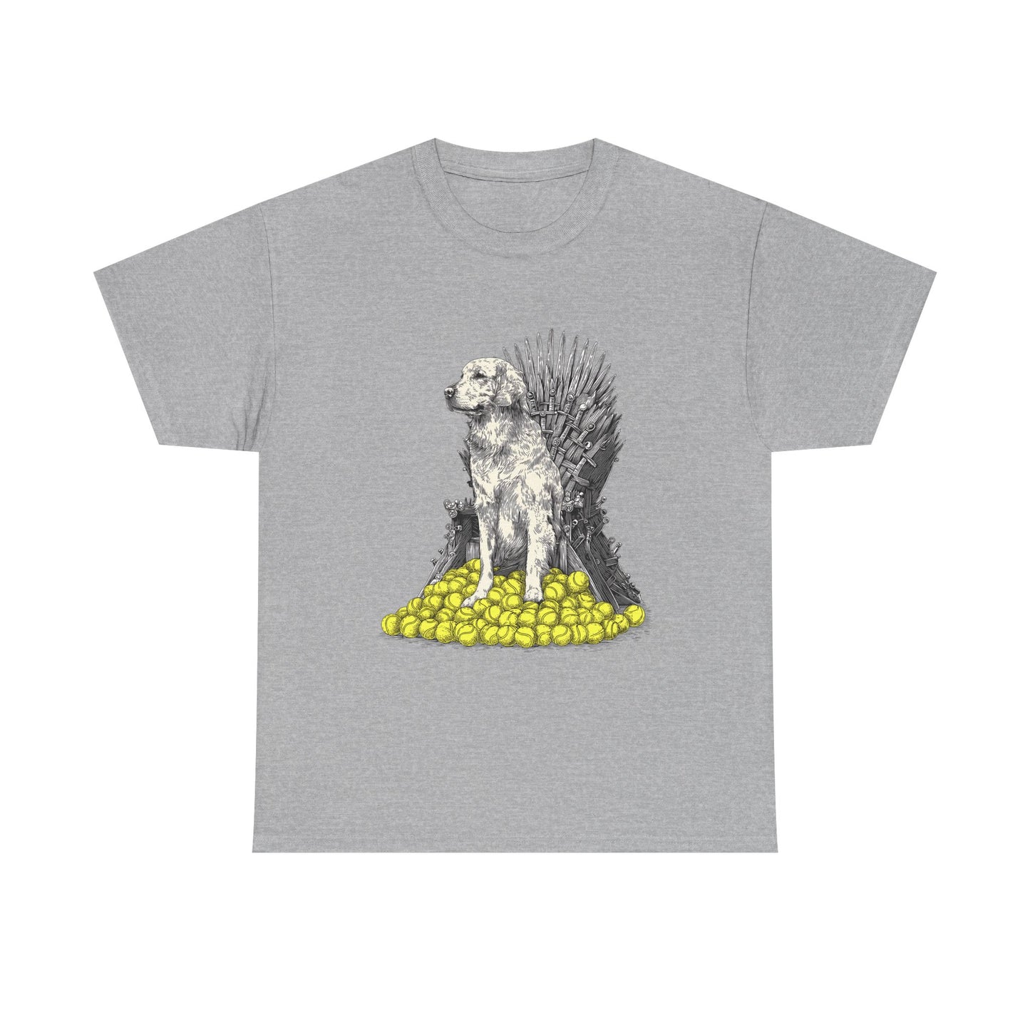 Dog Throne T‑Shirt — Dog on Iron Throne of Tennis Balls Graphic Tee