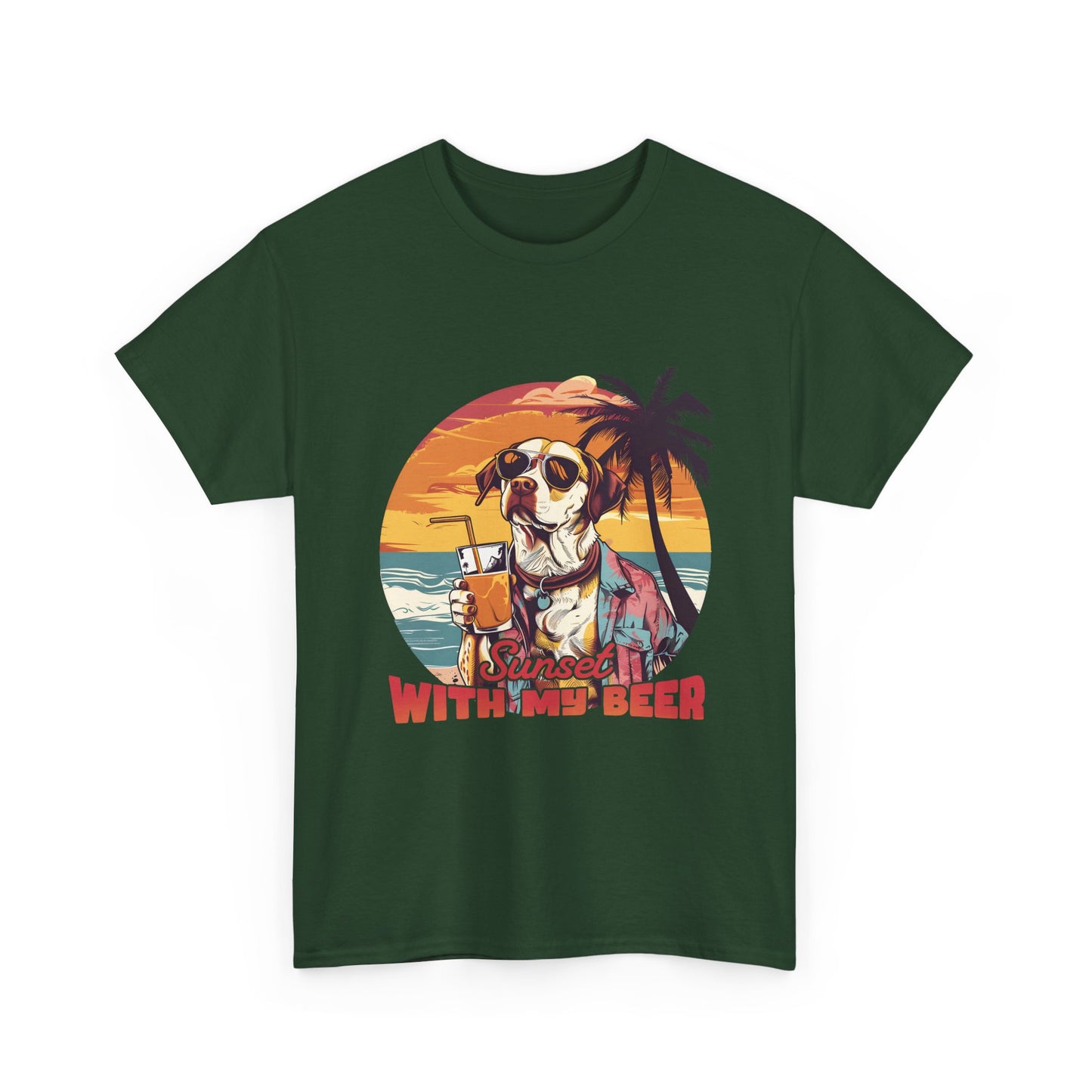 T-Shirt — Sunset With My Beer Dog Graphic Tee — Retro Tropical Beach Vibes