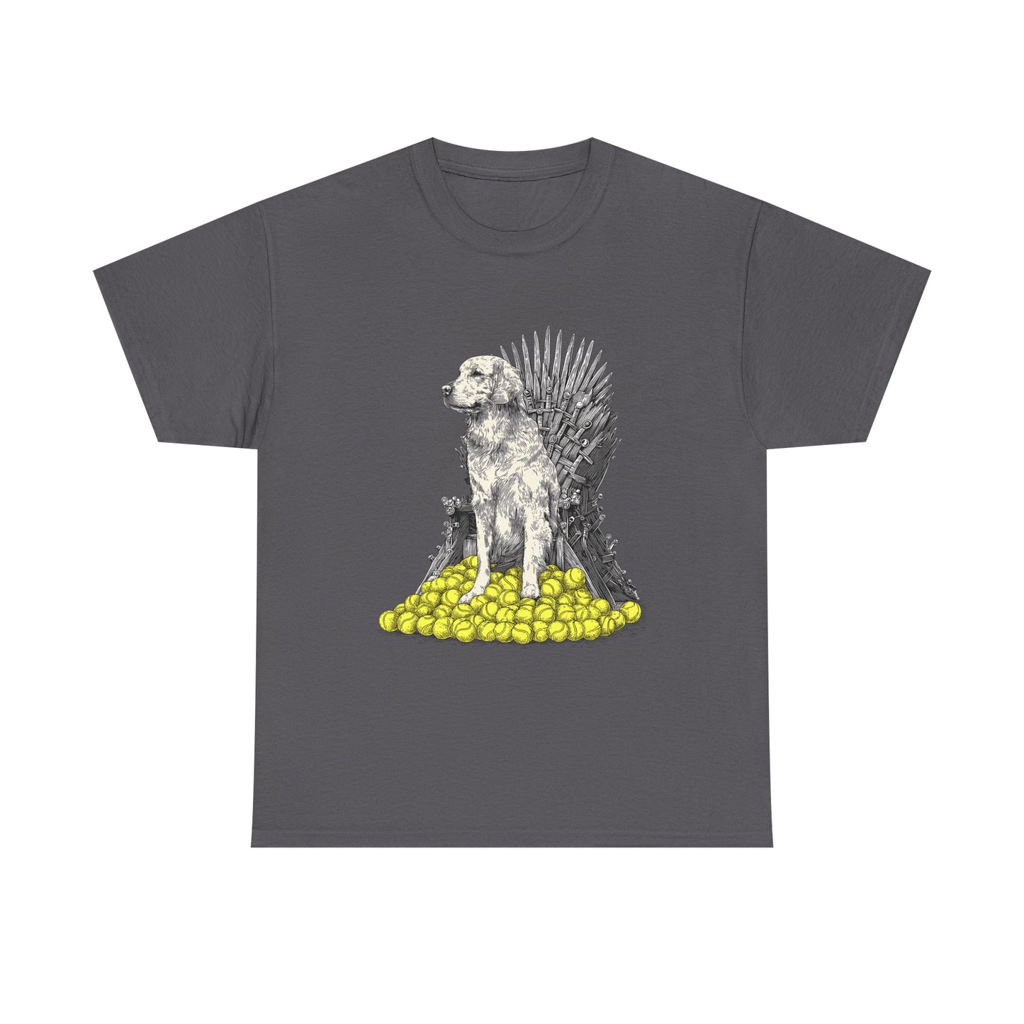 Dog Throne T‑Shirt — Dog on Iron Throne of Tennis Balls Graphic Tee