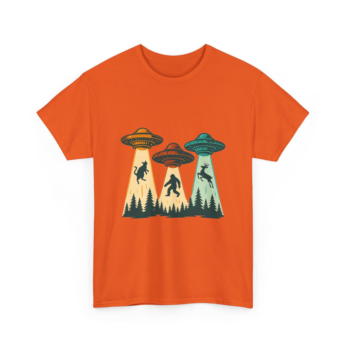 Alien Abduction UFO Tee — Retro Forest Beams T‑Shirt