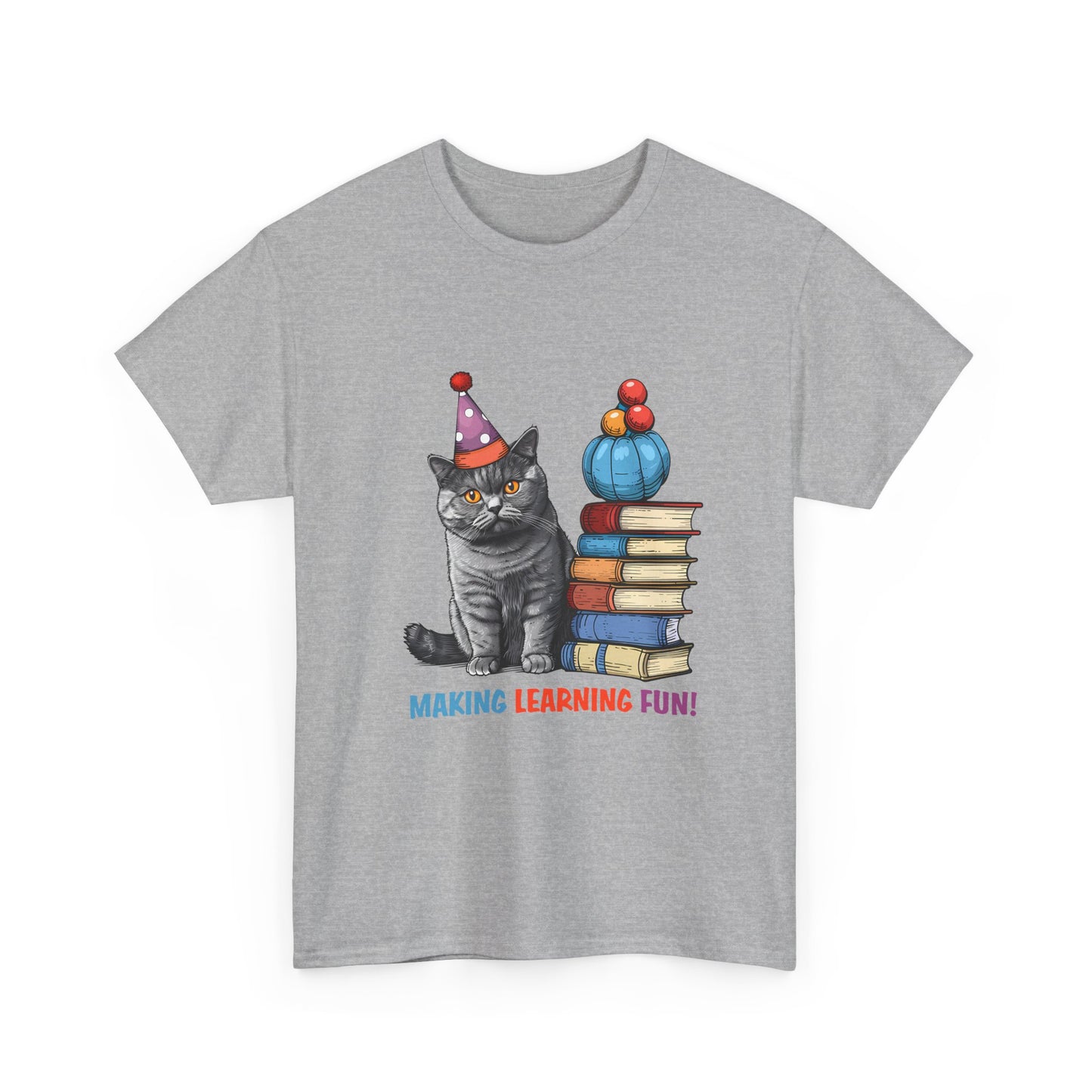 Cat Teacher T-Shirt — "Making Learning Fun!" Cute School Cat with Books Tee