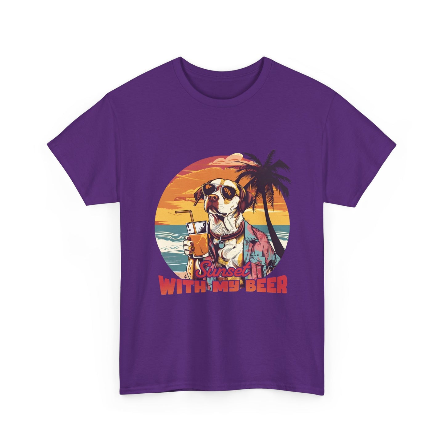T-Shirt — Sunset With My Beer Dog Graphic Tee — Retro Tropical Beach Vibes