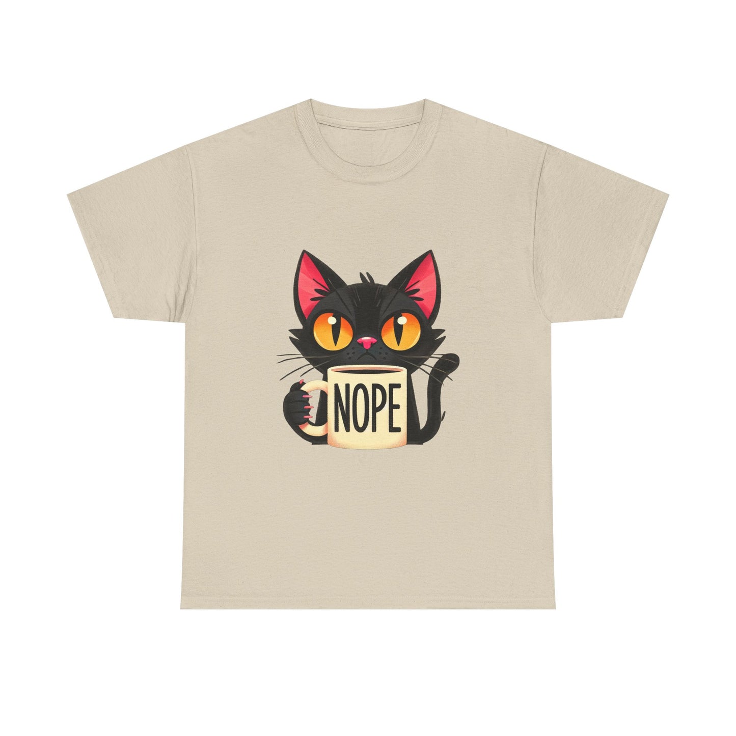 Cat 'Nope' T-Shirt — Cute Black Cat Holding 'NOPE' Mug Graphic Tee