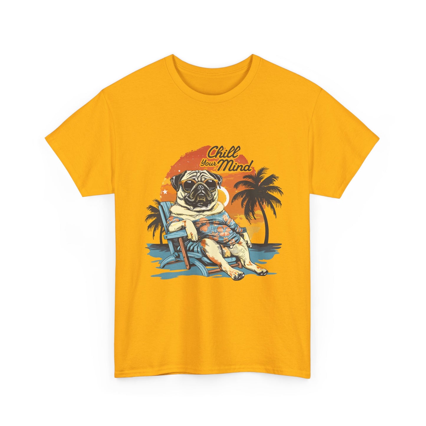 Chill Mind Pug Beach Tee — Retro Palm Sunset Vacation T‑Shirt