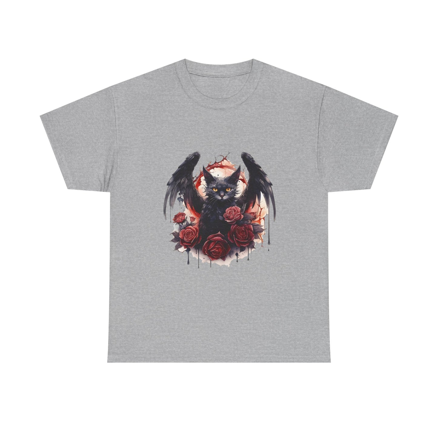 Cat Demon Tee — Gothic Bat-Wing Cat with Roses Graphic Shirt