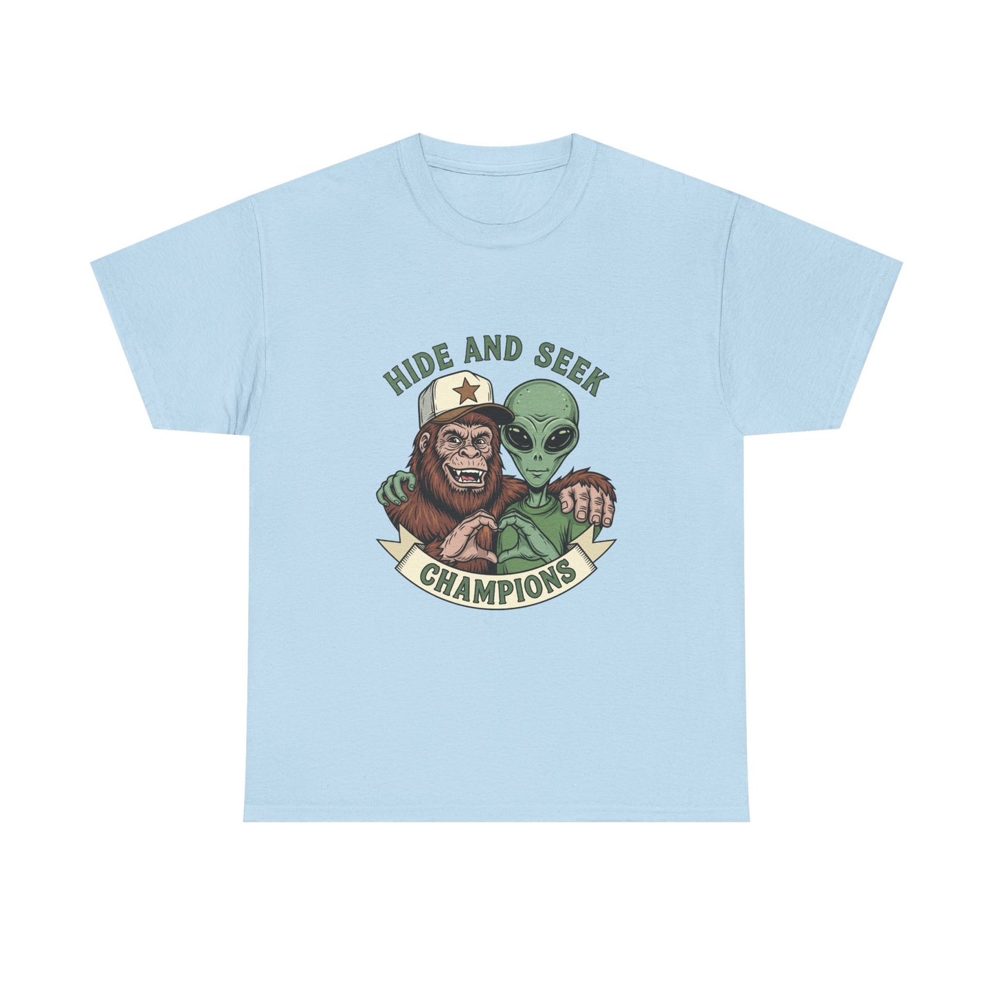 Hide and Seek Champions T-Shirt — Bigfoot & Alien Graphic Tee