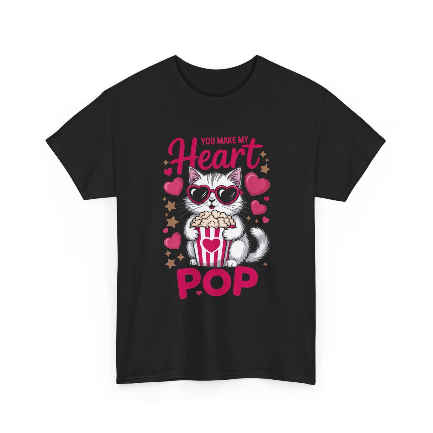 T-Shirt — "You Make My Heart Pop" Cute Cat Popcorn