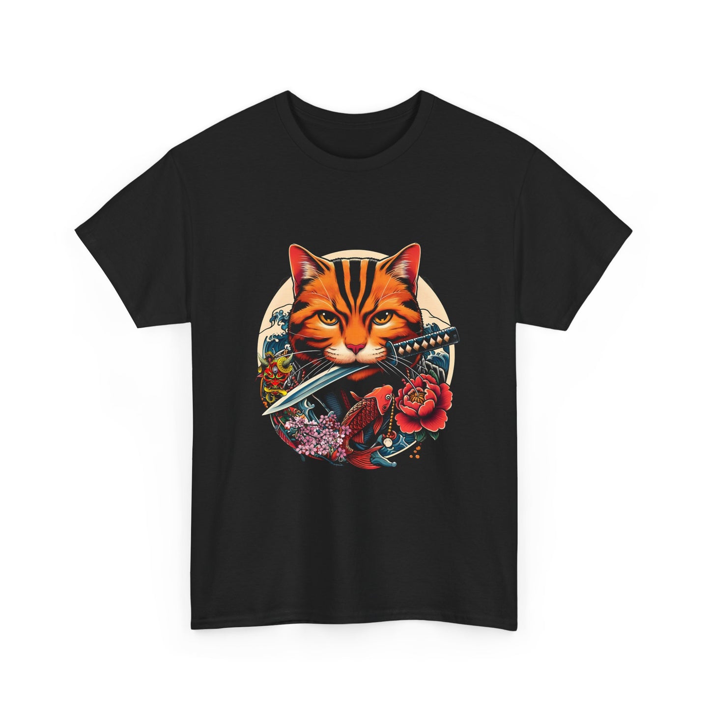 Cat Samurai T‑Shirt — Orange Tabby with Sword & Floral Crest