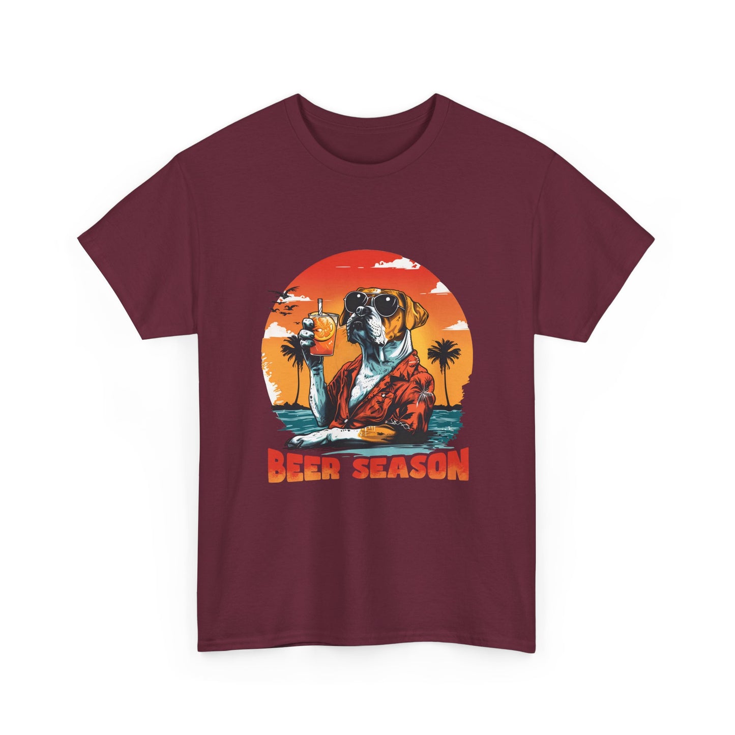 Beer Season T-Shirt — Vintage Sunset Dog Holding Beer
