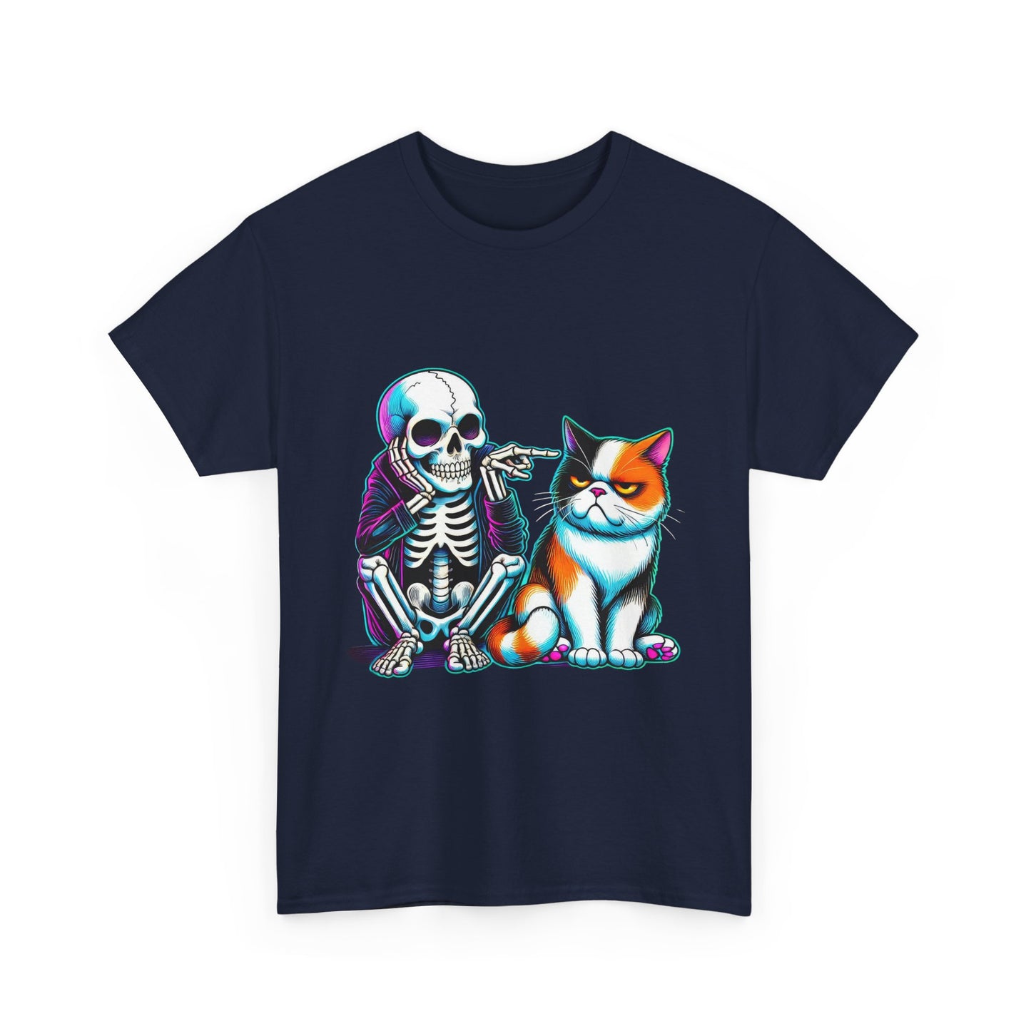Skeleton & Cat Graphic Tee — Retro Neon Spooky Cat Shirt