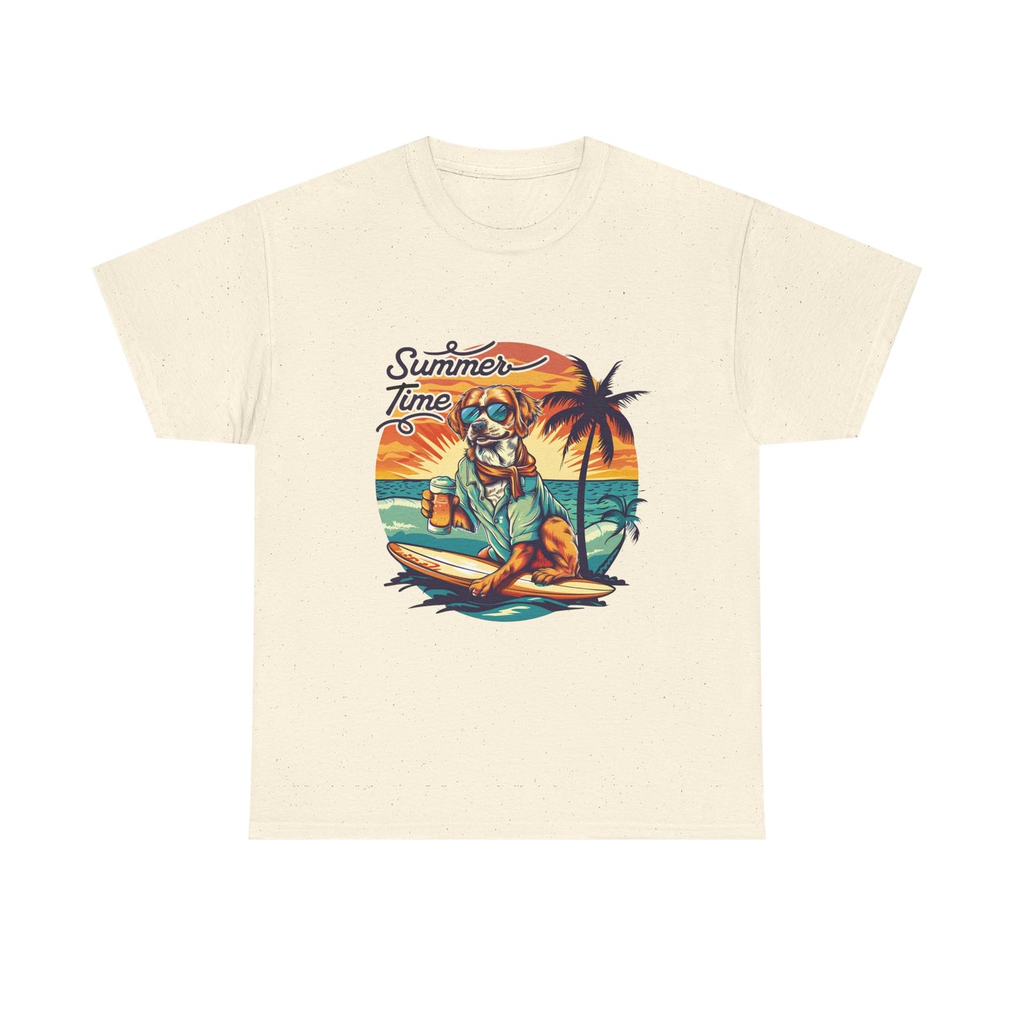 Summer Time Surfer Dog T‑Shirt — Vintage Beach Palm Surfing Dog Tee