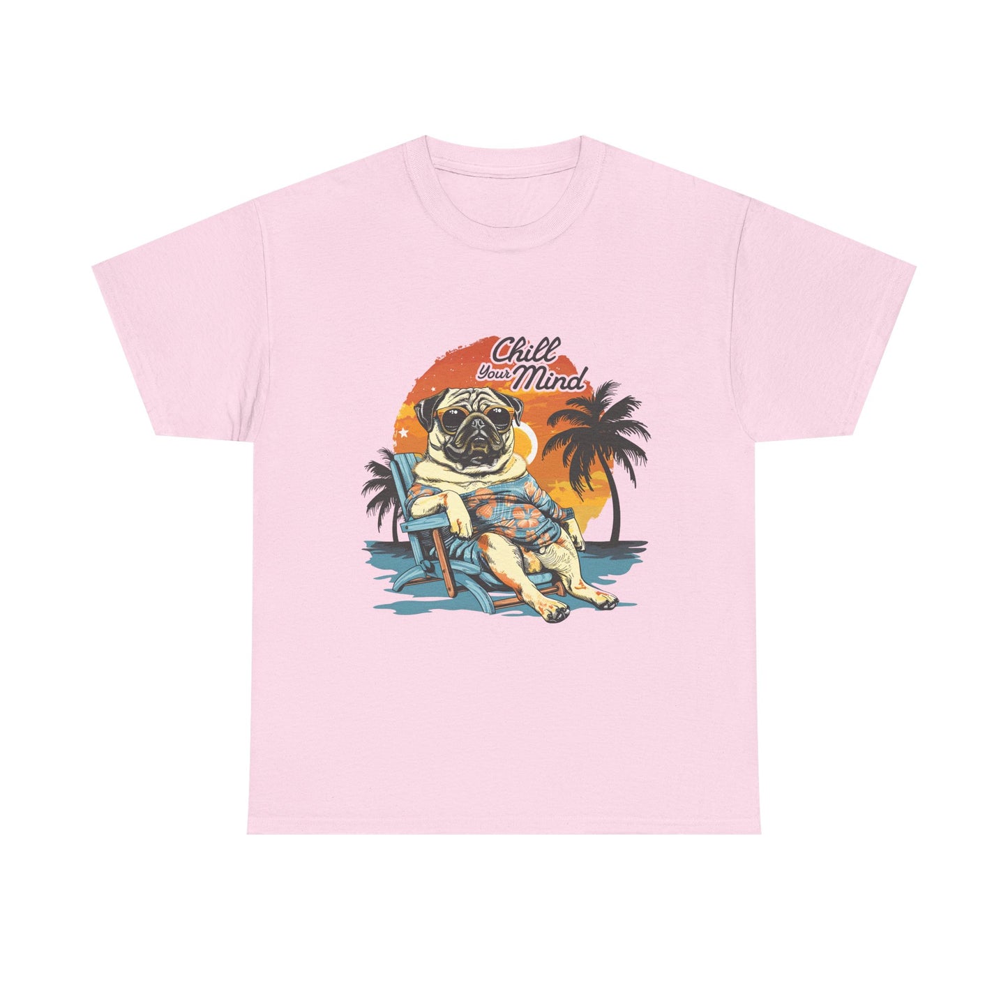 Pug “Chill Your Mind” Beach T-Shirt — Retro Palm Sunset Vacation Tee
