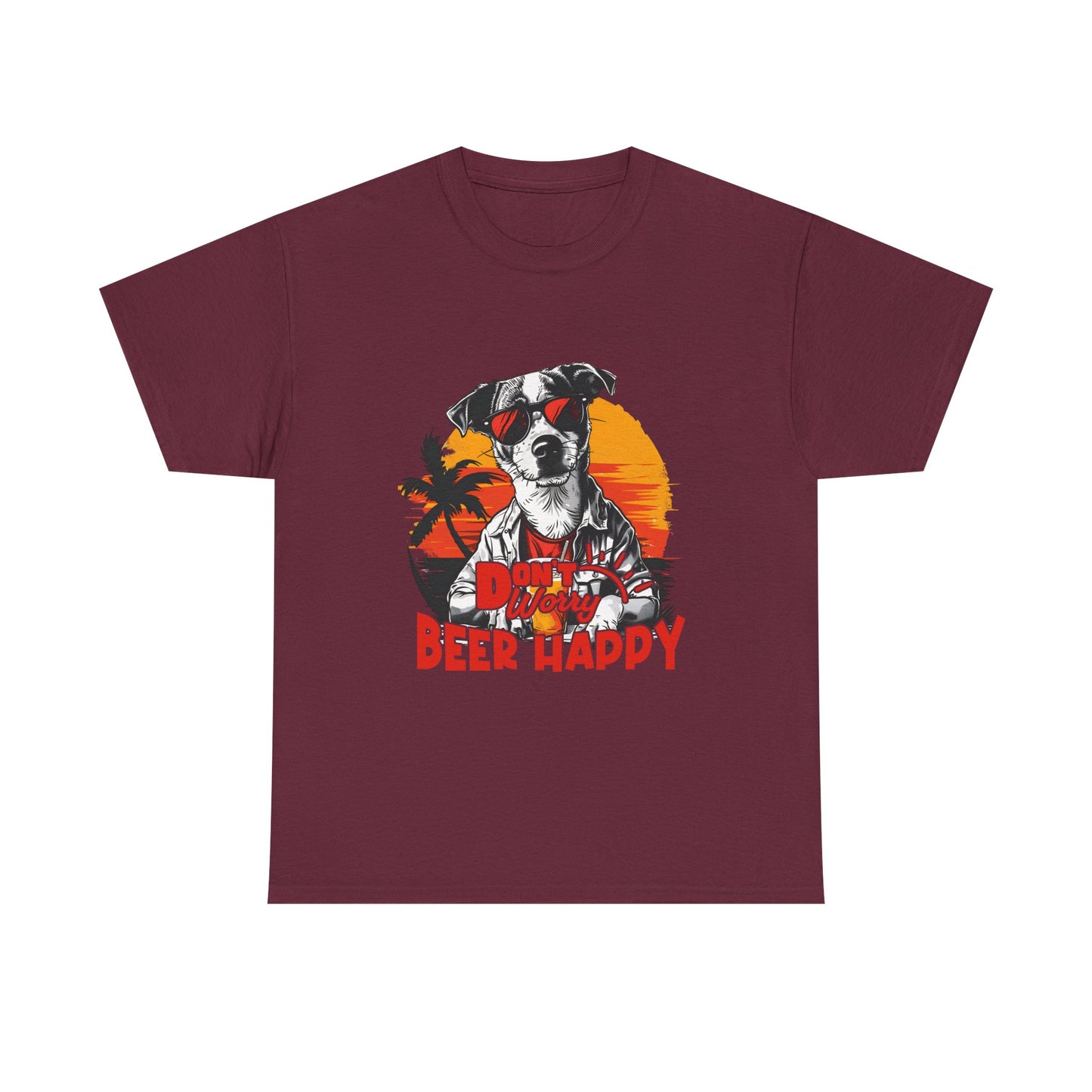 Dog With Beer T-Shirt - "Don't Worry Beer Happy" Retro Sunset Tee