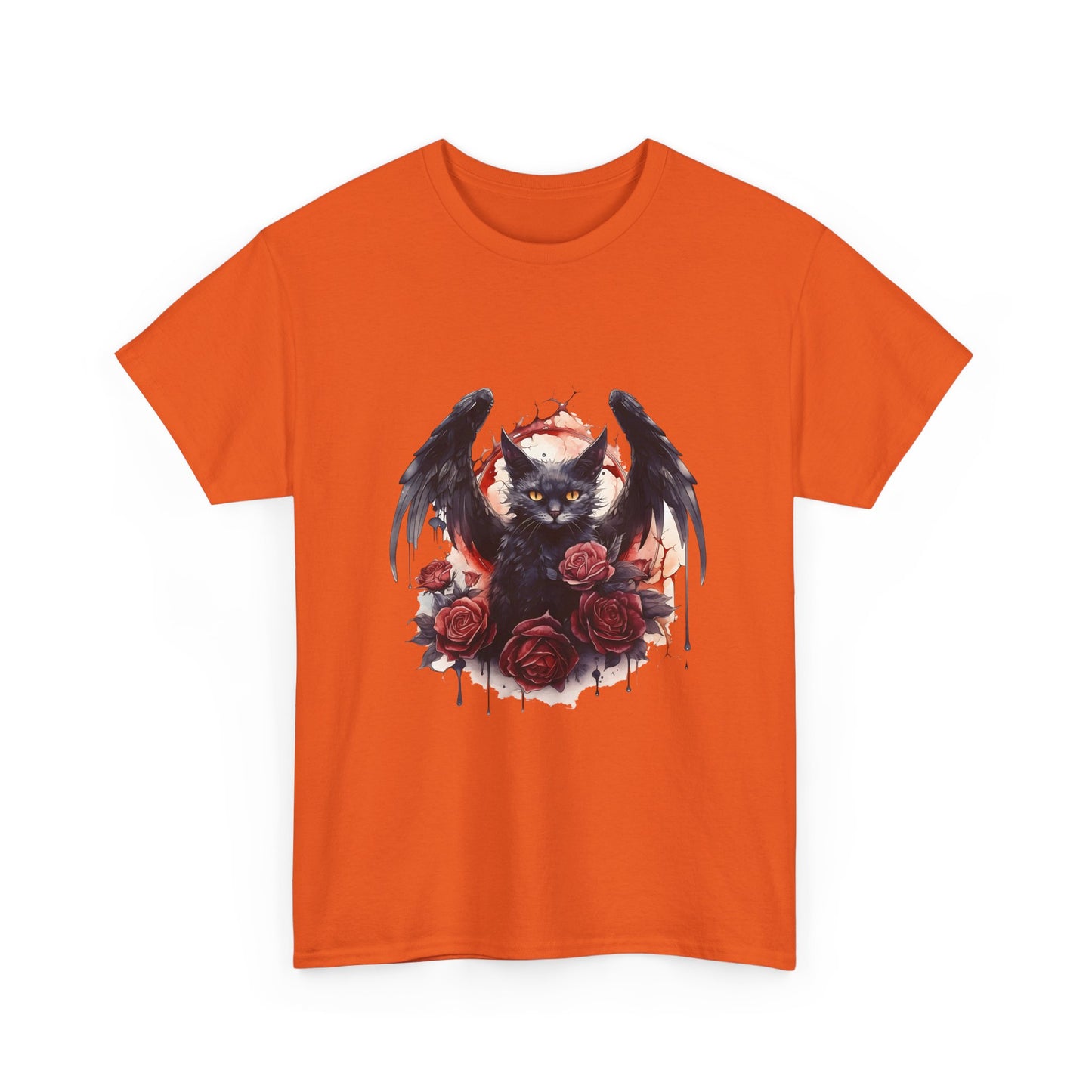 Cat Demon Tee — Gothic Bat-Wing Cat with Roses Graphic Shirt