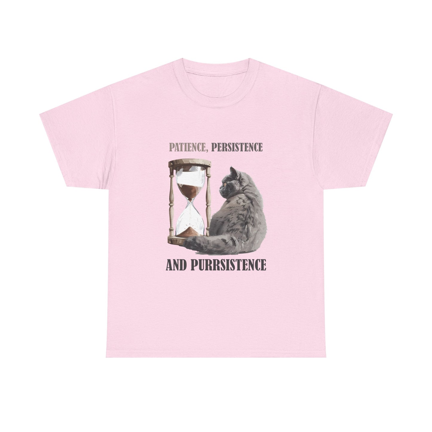 Cat Hourglass T‑Shirt — "Patience, Persistence and Purrsistence" Funny Cat Tee