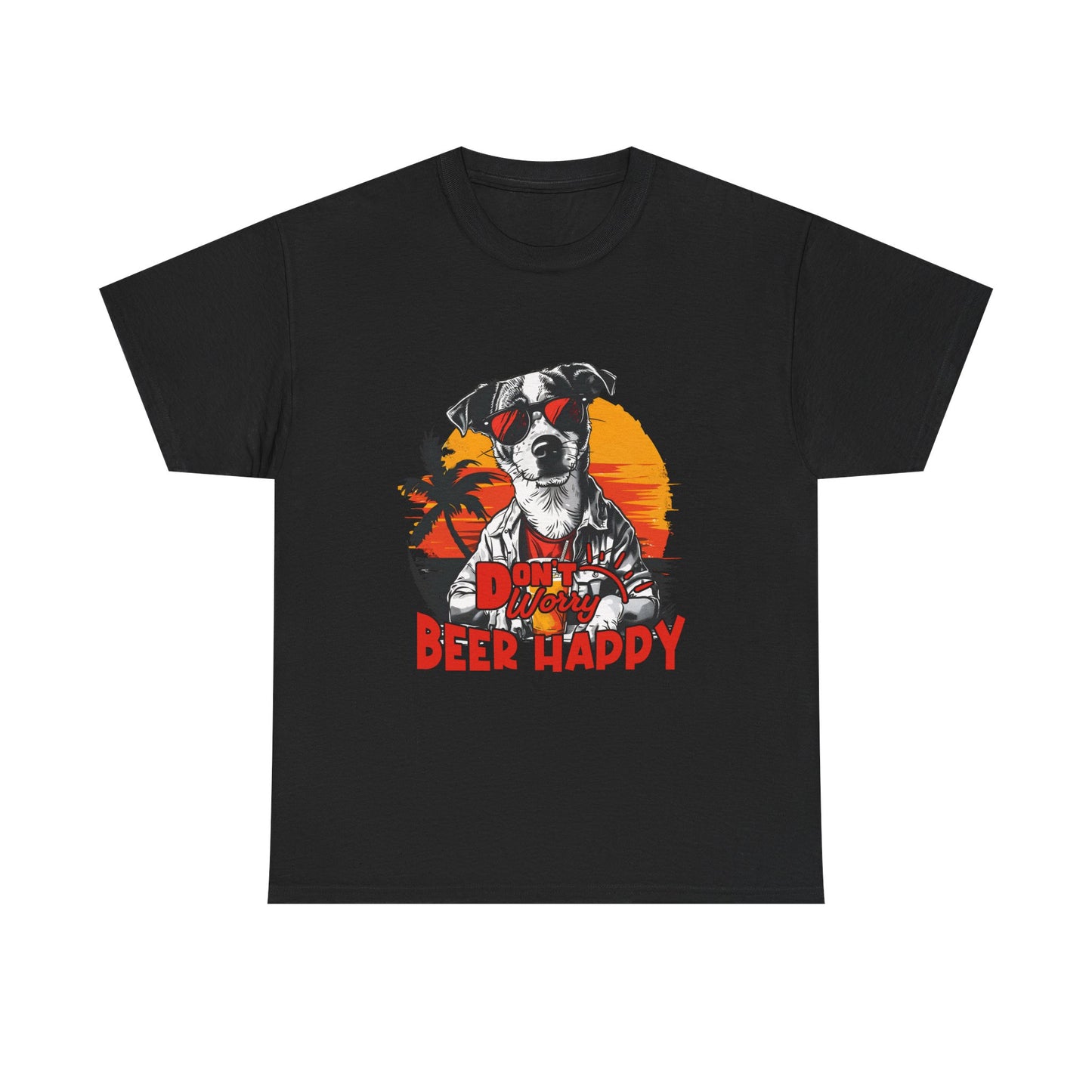 Dog With Beer T-Shirt - "Don't Worry Beer Happy" Retro Sunset Tee