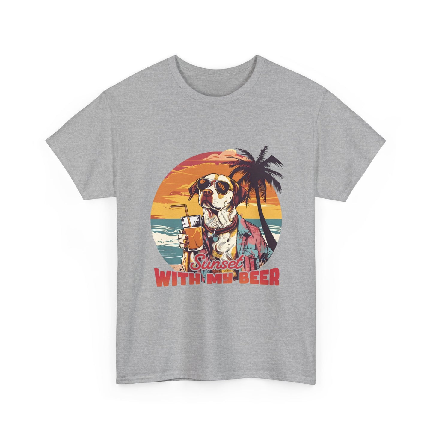 T-Shirt — Sunset With My Beer Dog Graphic Tee — Retro Tropical Beach Vibes