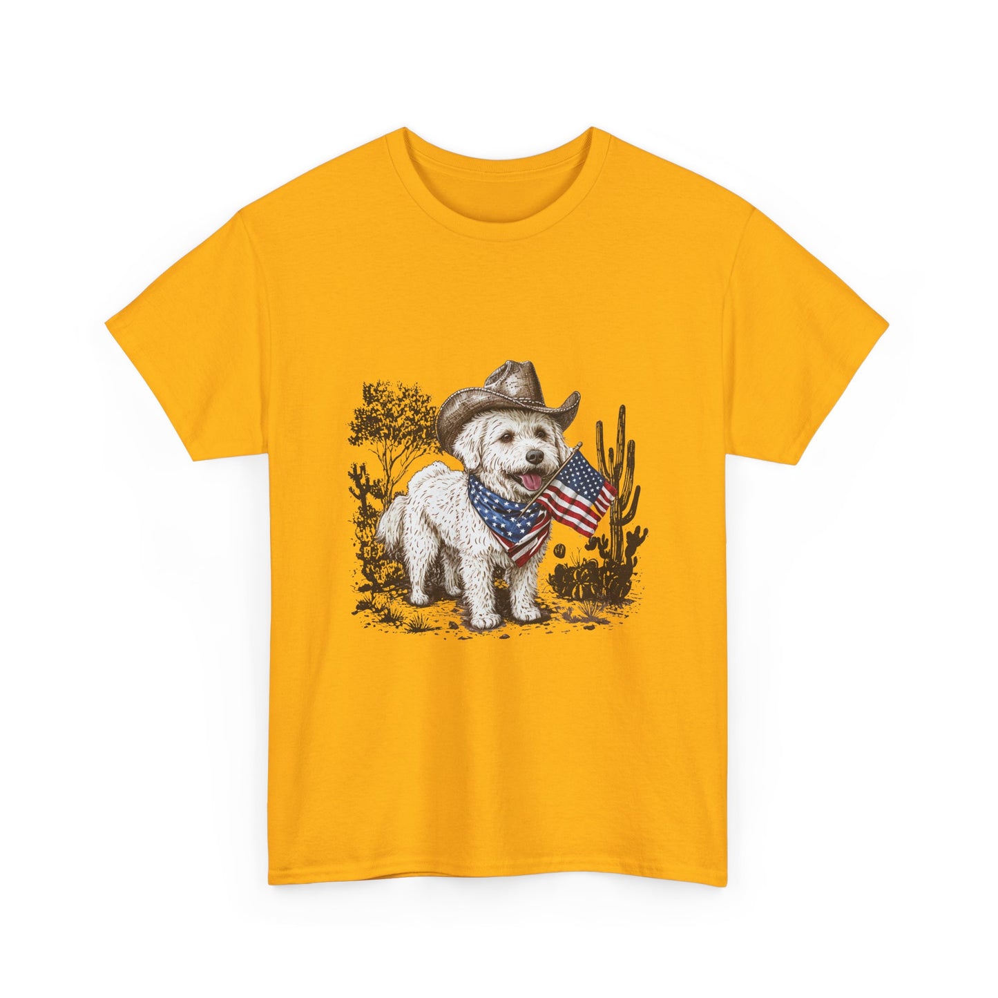 Patriotic Puppy Tee — Cowboy Dog with American Flag